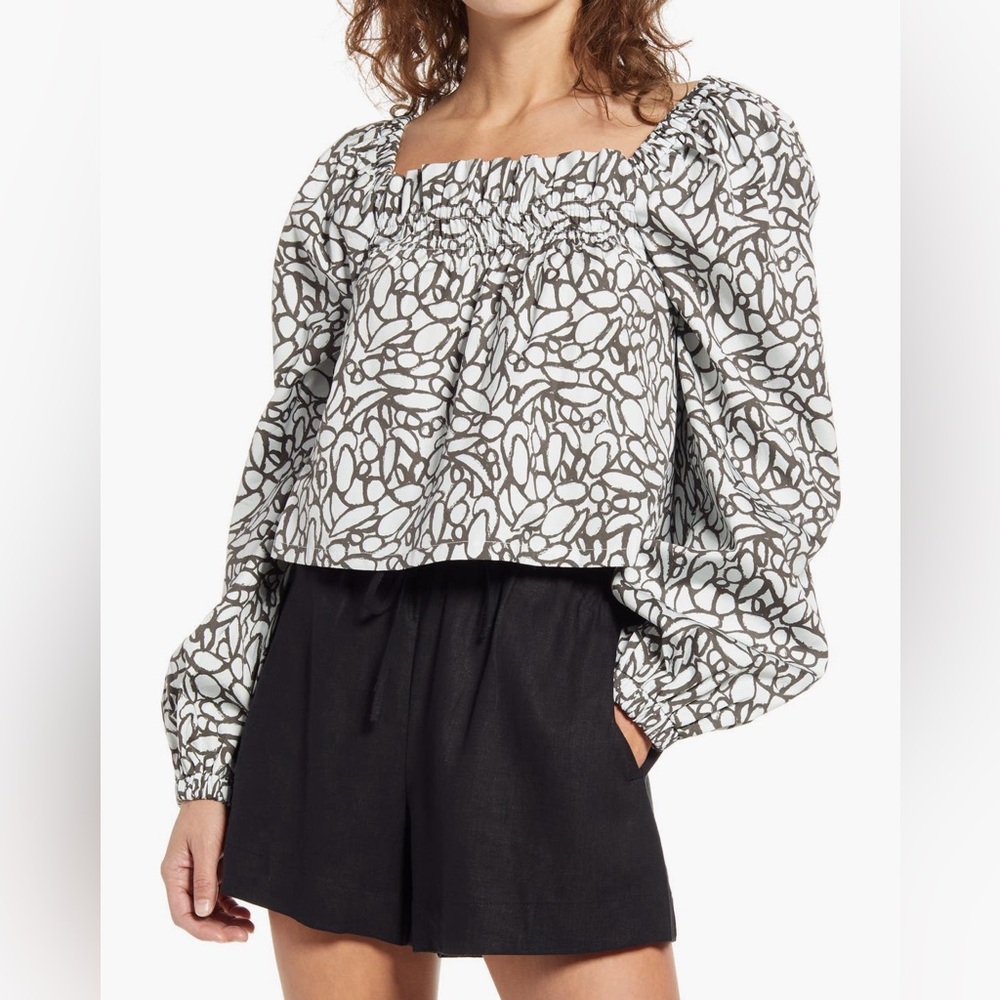 Open Edit Blue Gray Patterned Off the Shoulder Top